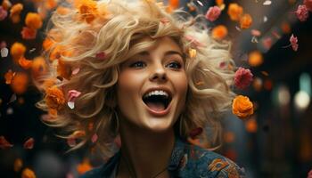 Smiling women, cheerful happiness, Caucasian beauty, adult fun, joy generated by AI photo