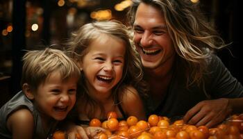 A joyful family, smiling and laughing, enjoying playful togetherness indoors generated by AI photo