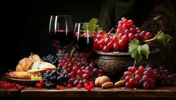 uva vino, madera mesa, naturaleza frescura, gastrónomo otoño celebracion generado por ai foto