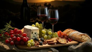 Freshness of nature, wine bottle on wooden table, gourmet picnic generated by AI photo