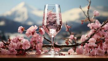 Freshness in nature, pink blossom, wineglass on wooden table, summer celebration generated by AI photo