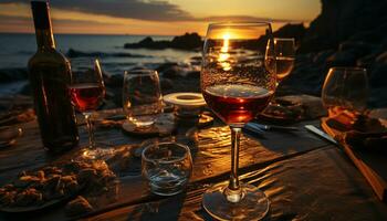 Alcohol, wine, drink, drinking glass, table, wineglass, sunset, celebration, bottle, bar generated by AI photo