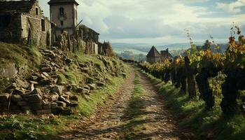 tranquilo escena antiguo viñedo, rústico granja, antiguo ruina, pintoresco paisaje generado por ai foto