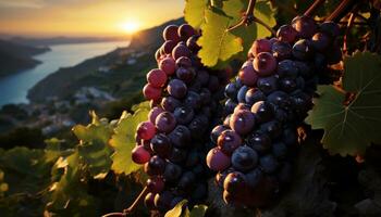 Ripe grape bunches in vineyard, autumn sunset, nature winemaking generated by AI photo