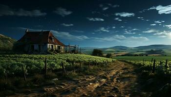 Tranquil vineyard meadow, sunset sky, winery, nature beauty in winemaking generated by AI photo