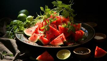 Freshness of summer watermelon slice, nature gourmet vegetarian salad generated by AI photo