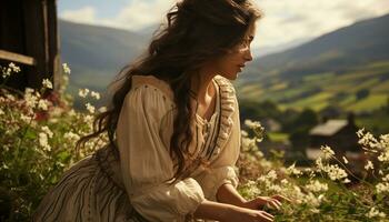 un joven mujer, sonriente, disfrutando naturaleza belleza en un prado generado por ai foto