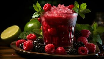 Freshness of summer berries on a rustic wooden table, nature dessert generated by AI photo