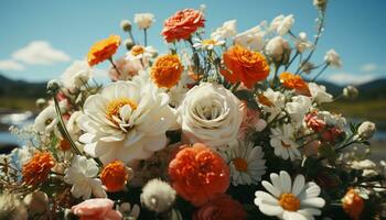 naturaleza belleza en un prado, un vibrante ramo de flores de vistoso flores generado por ai foto