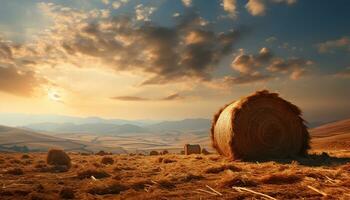 Sunset over a rural farm, meadow bales, golden harvest, nature beauty generated by AI photo