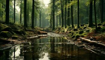 Tranquil scene of a wet forest, reflecting the beauty of nature generated by AI photo