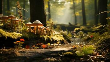 Freshness of autumn forest, growth of edible mushrooms in nature generated by AI photo