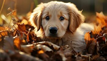 Cute puppy playing in autumn forest, purebred golden retriever enjoying nature generated by AI photo