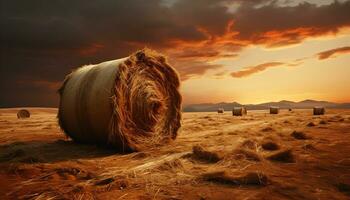 Sunset over rural landscape, golden haystacks in harvested meadow generated by AI photo