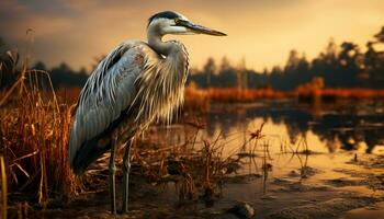 Tranquil scene egret fishing in sunset natural beauty generated by AI photo