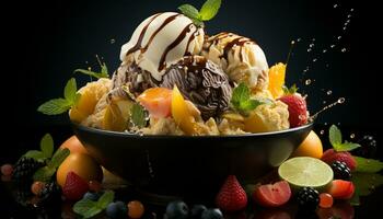 Freshness and sweetness in a bowl of gourmet ice cream generated by AI photo