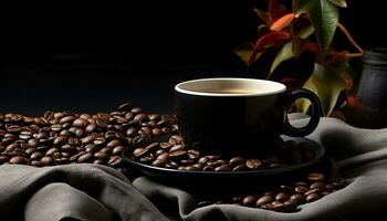 Freshness of coffee bean, heat on wooden table, gourmet refreshment generated by AI photo