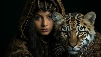 Two women looking at camera, beauty in nature, bengal tiger generated by AI photo