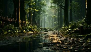 Tranquil scene green forest, autumn leaves, wet footpath, peaceful water generated by AI photo