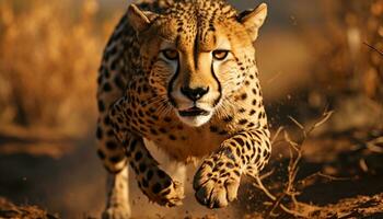 Majestic cheetah walking in the wilderness, staring into the sunset generated by AI photo
