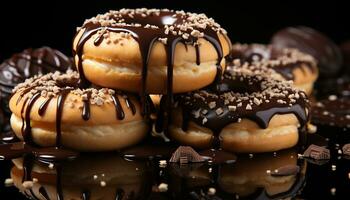 Indulgence in gourmet dessert, a stack of sweet chocolate donuts generated by AI photo