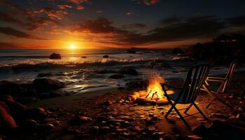 Sunset flame ignites the tranquil summer dusk, nature relaxation generated by AI photo