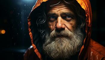 A sad, old man with a beard, wearing a hood generated by AI photo