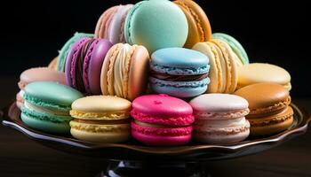 A colorful stack of macaroons, a French gourmet dessert indulgence generated by AI photo