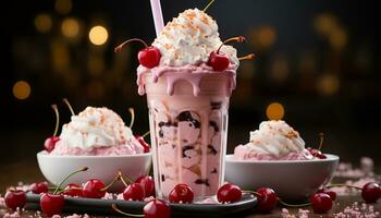 Indulgent summer dessert fresh berry ice cream with whipped cream generated by AI photo