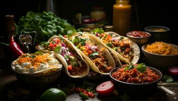 Freshness and flavor in a homemade guacamole taco meal generated by AI photo