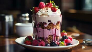 Raspberry and strawberry parfait, a healthy homemade summer indulgence generated by AI photo