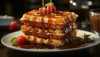 A stack of homemade pancakes with fresh strawberry syrup generated by AI photo