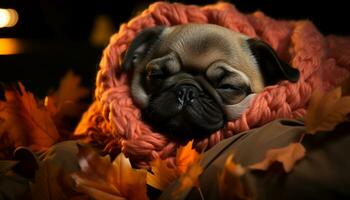 pequeño linda perrito dormido en un calabaza, otoño juguetón naturaleza generado por ai foto