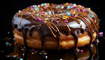 Indulgence in sweet, homemade, chocolate donut on pink plate generated by AI photo