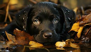 linda perrito jugando en otoño bosque, de pura raza perro disfrutando naturaleza generado por ai foto
