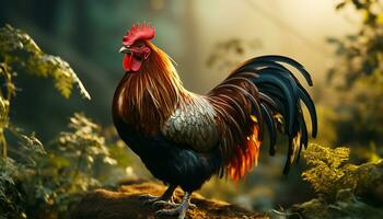 Rooster stands proudly, surrounded by nature, on a rural farm generated by AI photo