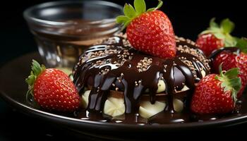 Strawberry dessert, gourmet chocolate, fresh fruit, sweet indulgence, unhealthy summer snack generated by AI photo