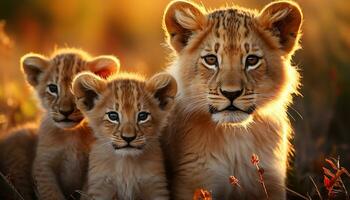 león cachorro, guepardo, y león belleza en naturaleza desierto generado por ai foto