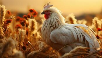 A beautiful sunrise on the farm, a cute chicken crowing generated by AI photo