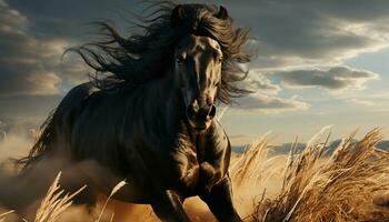 Running stallion grazes in a meadow, embracing freedom at sunset generated by AI photo