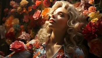 A beautiful blond woman with a flower in her hair generated by AI photo