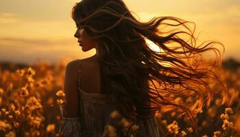 A beautiful young woman enjoying the sunset in a meadow generated by AI photo