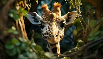 Giraffe in the wild, looking cute, standing in green meadow generated by AI photo