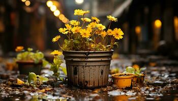 Freshness of nature beauty in a rustic flower pot on table generated by AI photo