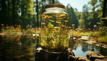 tranquilo escena de un verde bosque reflejando en un pacífico estanque generado por ai foto