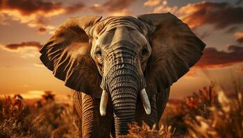 Majestic African elephant stands strong in tranquil savannah at sunset generated by AI photo