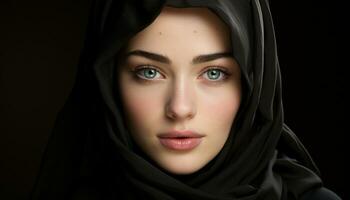 Beautiful woman in hijab, looking at camera with elegance and sensuality generated by AI photo