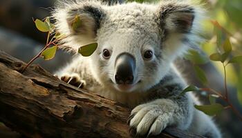 A cute koala sitting on a tree branch, looking at camera generated by AI photo