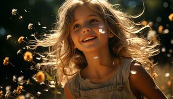 Smiling girl enjoys outdoors, carefree and playful in nature beauty generated by AI photo