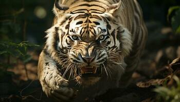 Bengala tigre, feroz y majestuoso, miradas dentro el cámara lente generado por ai foto